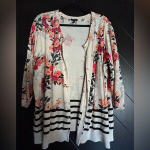 Talbots Floral Cardigan with Stripes - Cream and Black